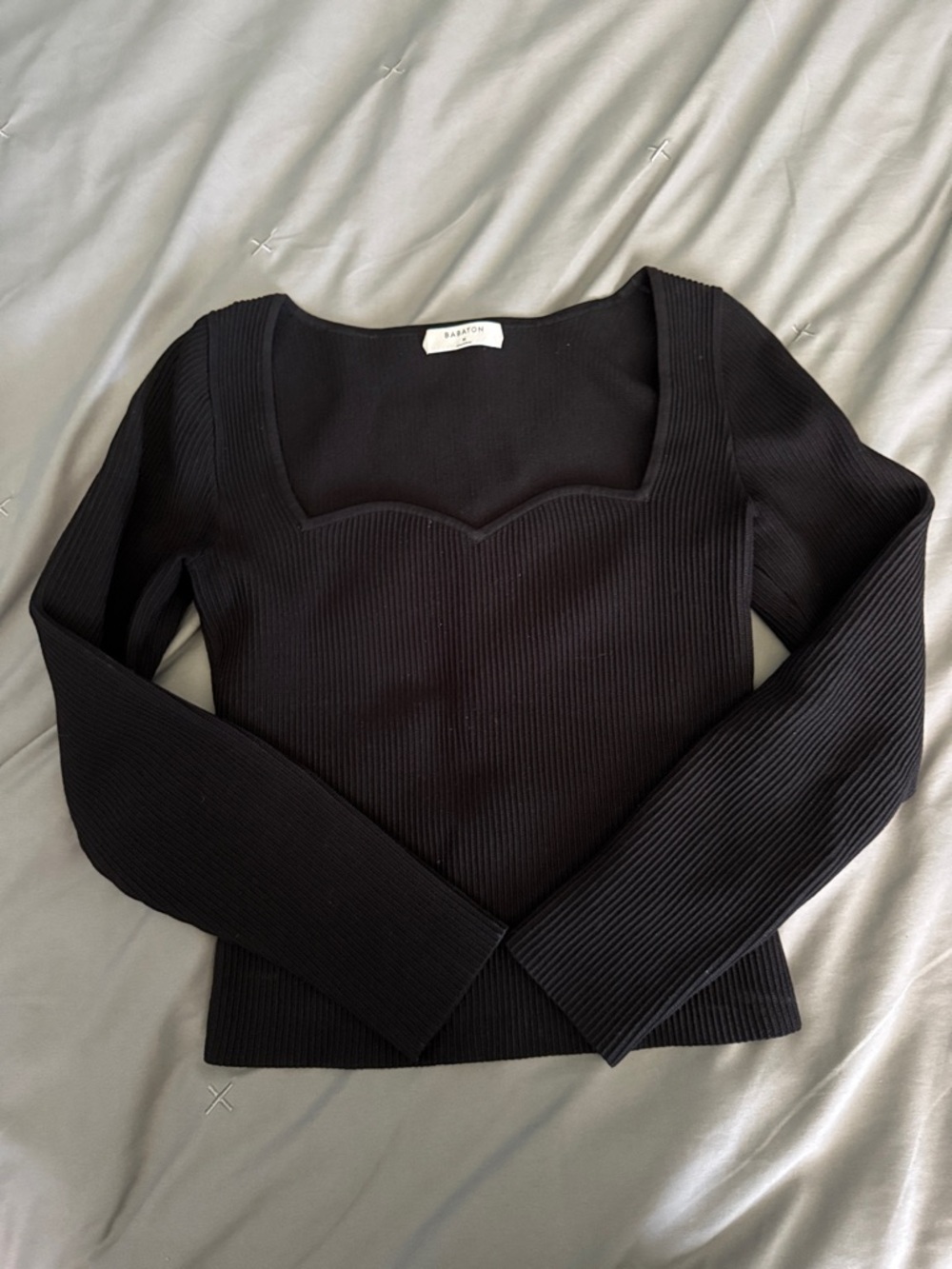 Babaton Black Ribbed Square Sweetheart Neck Long Sleeve Top